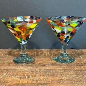 Set‎ of 2 Mexican Hand Blown Confetti Margarita Glasses Artisan Glass Barware